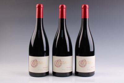 trois bouteilles de vin rouge posées sur une table blanche