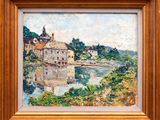 an image of a painting of a village by the water