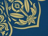 a close up of a blue and gold wallpaper with a clock