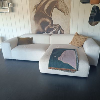 une photo d'un salon avec un canapé blanc et un tableau représentant un cheval accroché au mur