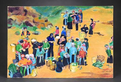 a painting of a group of people standing in a field