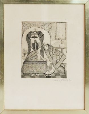 tableau représentant un homme et une femme assis sur un lit