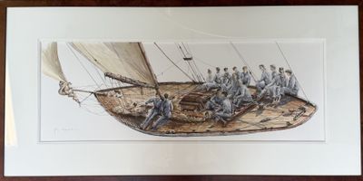 a drawing of a group of men on a boat
