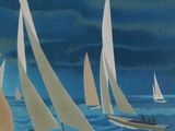 painting of a group of sailboats sailing in the ocean at night