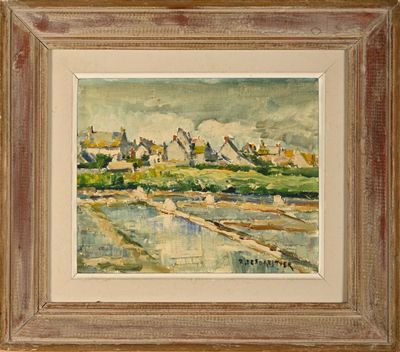 une image représentant un tableau d'un village au bord d'un plan d'eau