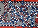 une peinture représentant un tapis rouge, blanc et bleu sur lequel est représenté un serpent