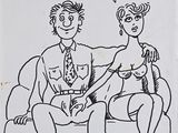 un dessin représentant un homme et une femme assis sur un canapé