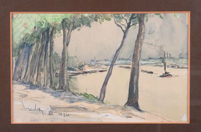 a picture of a painting of a beach with trees