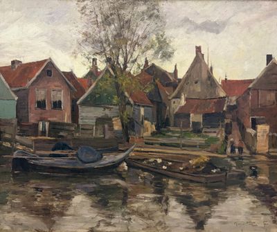 a painting of a boat on the water in front of a row of houses