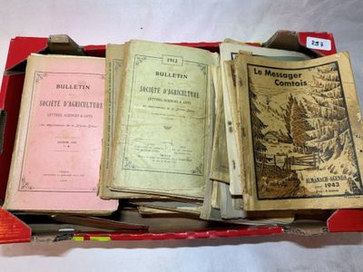 Plusieurs vieux livres sont posés dans une boîte rouge sur une surface blanche.