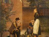 une image représentant un tableau où l'on voit un homme et une femme devant une maison