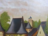 a painting on the wall of a building with a horse in front of it