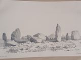 pencil drawing of a landscape with rocks and grass in the foreground
