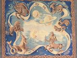 peinture représentant les signes du zodiaque sur un fond bleu, avec des étoiles et des nuages