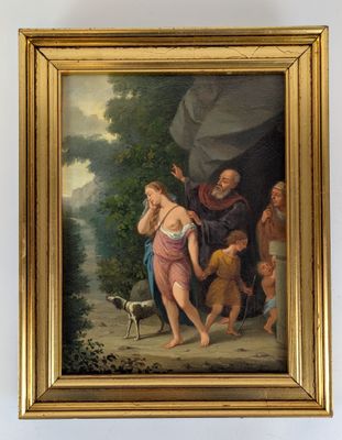 une peinture à l'huile représentant un homme et une femme dans un paysage, en compagnie d'un chien