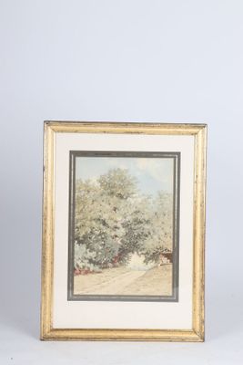 deux tableaux encadrés représentant des arbres dans un champ, dont l'un représente un cheval et l'autre un chien