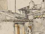 drawing of a woman and child standing in front of a building