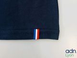 navy blue t - shirt with red, white, and blue stripes on the chest