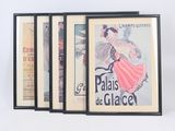 quatre affiches encadrées représentant une femme en robe rose et un homme en costume noir