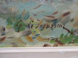 une peinture à l'huile représentant des oiseaux volant dans le ciel au-dessus d'un plan d'eau