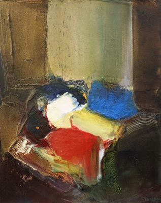 an oil painting of a bed with a red, yellow, and blue comforter