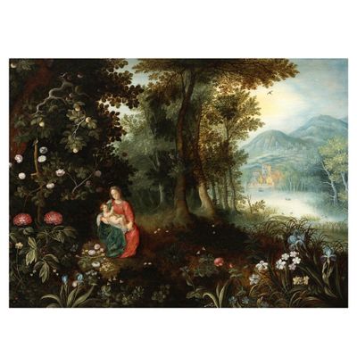 un tableau représentant une femme et un enfant dans un paysage boisé