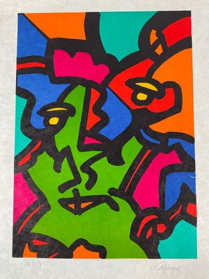 un tableau représentant un homme au visage coloré sur fond blanc