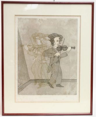 dessin encadré représentant une femme jouant du violon dans une pièce