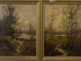 two paintings of a landscape with trees and a river in the distance