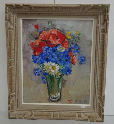 une peinture de fleurs dans un vase sur une table
