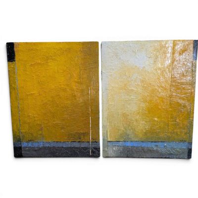 two paintings of yellow and blue on a white background