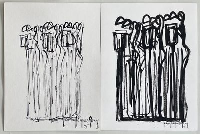two black and white drawings of a group of people standing in front of a fence
