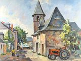 a painting of a tractor parked in front of a building