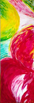 painting of a red flower with yellow and green petals on a white background