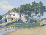 a painting of a house on the side of the road