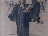 painting of a man walking down a street carrying a book