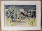 framed watercolor painting of a landscape with a church in the distance