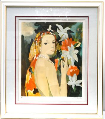 an image of a painting of a woman with flowers in her hand