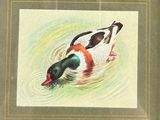painting of a duck in a pond of water in a frame