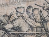 an old drawing of a group of men on horseback in a field