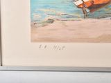 a picture of a painting of a boat on the beach