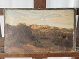 peinture sur chevalet représentant un paysage avec un château au loin