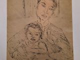an old drawing of a man holding a baby in his arms