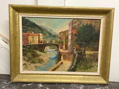 une peinture à l'huile représentant un pont sur une rivière avec des bâtiments à l'arrière-plan