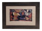 a framed painting of abstract shapes on a white background