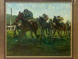 painting of a group of men riding horses in a field