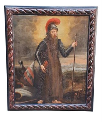 un vieux tableau représentant un homme coiffé d'un chapeau rouge et tenant un bâton