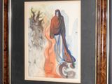 tableau représentant une femme avec un chien et un cerf, dans un cadre en bois