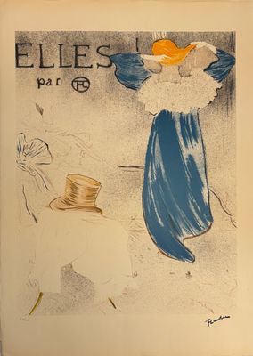 un dessin représentant une femme vêtue d'une robe bleue et portant un chapeau