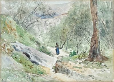 un tableau représentant une femme marchant sur un sentier dans les bois